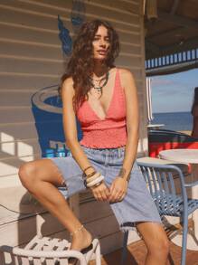 Aralina Áo crop top hở eo chữ V sâu cho kỳ nghỉ của phụ nữ, gợi cảm - Màu Cam san hô - Xem 10