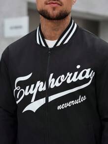 Manfinity Homme 男士字母条纹印花拉链休闲长袖夹克，男士校队夹克，黑色校队夹克，校队夹克飞行员夹克，秋季 - 黑色 - 查看 5