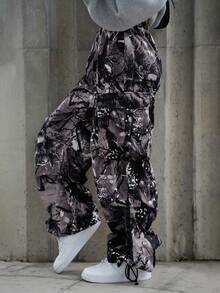 SAYEHFBABY Women's Cargo Streetwear Tree Branch Pattern With Pockets Pants - Black and White - View 5