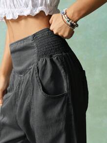 Bohemela 女式休闲简约纯色百搭梭织锥形裤 - 黑色 - 查看 6