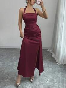 Rafferiza Elegant Champagne Color Bodycon Cami Dress With Slit On Side, Stretchy Sateen Material Summer Dress