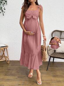 SHEIN Maternity Solid Color Front Knot Ruffle Hem Slip Dress For Vacation - Dusty Pink - View 1