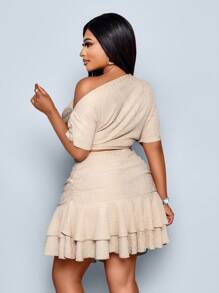 SOLERSUN Plus Size Summer Elegant Party Daytime Apricot Knitted Asymmetrical Neck Gathered Top And Ruffle Hem Skirt Two Pieces Set