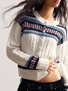 Bohemela 费尔岛针织复古纽扣宽松开衫 - 杏色 - 查看 8