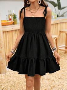Breezaya Women's Casual Denim Ruffled Hem Strap Mini Dress For Vacation - Dark Grey - View 5