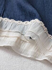 EMERY ROSE Plus Size Women Elastic Waist Patchwork Ruffle Hem Wide Leg Loose Pants Fall Cloth For Women - Royal Blue - View 5