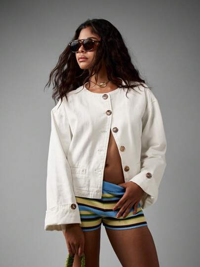 AiiRZ 女式 Trophy 牛仔夹克白色棉质纽扣前短款夹克春夏轻便复古时尚现代休闲装街头风必备
