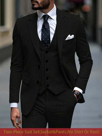 Manfinity Mode Herren Kostüm Set bestehend aus einfarbiger Patchwork Knopfverschluss Jacke mit Langarm und Hose, Herren Set mit einfarbigem, losem Revers Blazer und schräger Taschen Hose, Herrenkostüm, formeller Herrenanzug, Hochzeitsanzug für Herren