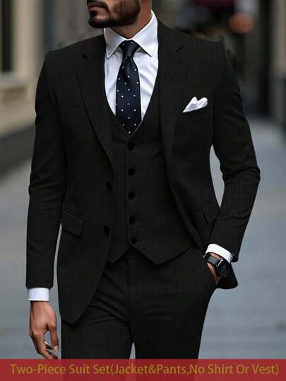 Manfinity Mode Enfärgade lapptäckeknappar för män Fram Långärmad jacka och byxor, mäns enfärgade kavajer och byxor med bias Pocket Byxor för män Kostym Formell Herr Klänning Kostym Kostymer För män Klänning Kostymer för män Bröllopsdräkter för män