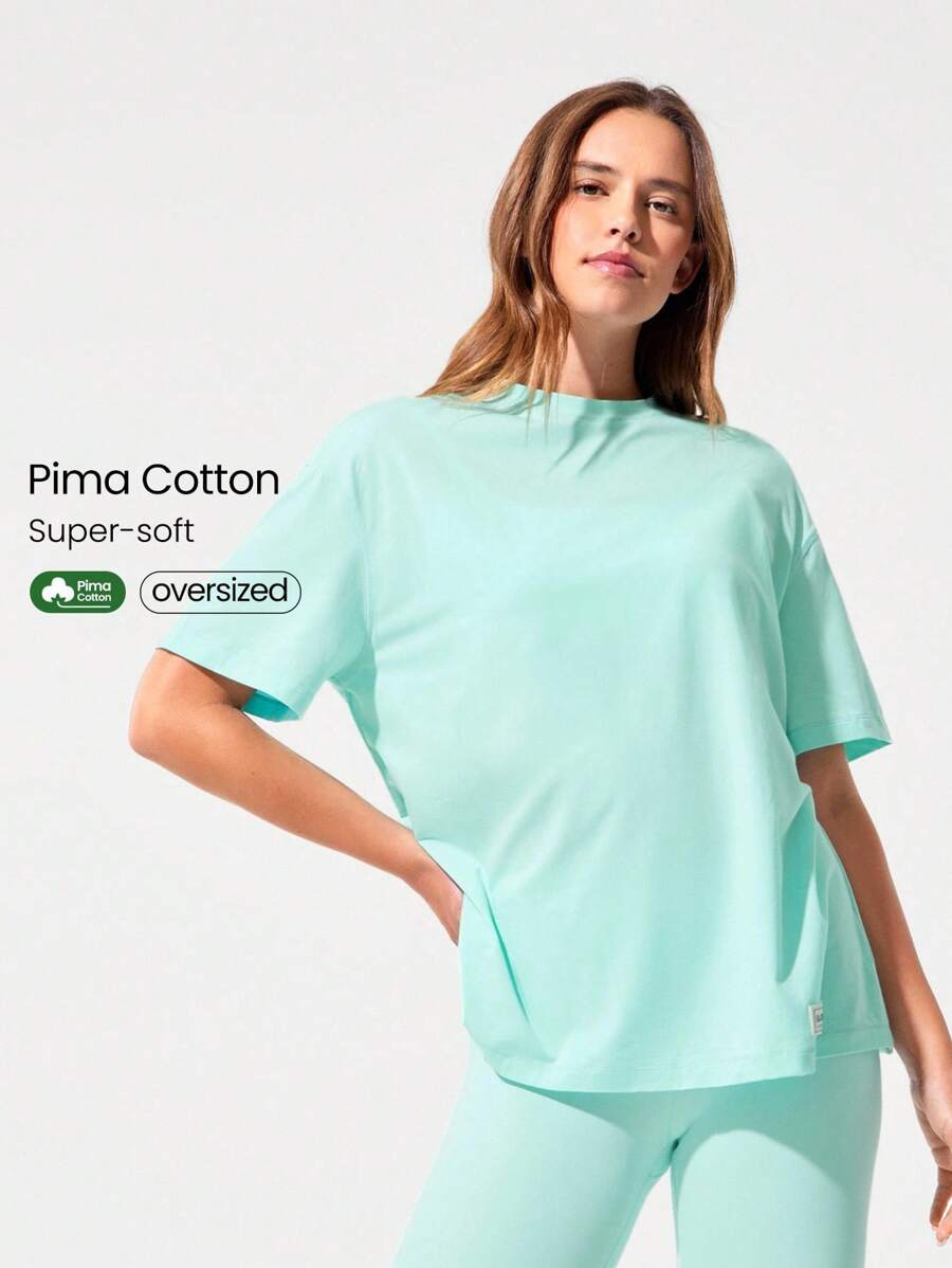 GLOWMODE Pima Cotton Unisex Short Sleeve Round Neck Oversized Tee Daily Casual - Mint Blue - View 1