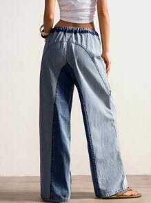 Bohemela Damen Loose Fit Weite Bein Einfarbige Patchwork Gestreifte Jeans, Damen Gestreifte Weite Bein Hosen mit Kordelzug, Loose Fit Hosen - Blau - Übersicht 6