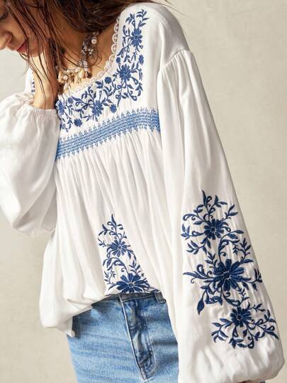 Bohemela Plus Size Women Floral Embroidery Drop Shoulder Long Sleeve Loose Shirt Boho Tops For Women White Boho Top Boho Blouses Peasant Blouse Embroidered Boho Top,Fall Clothes For Women