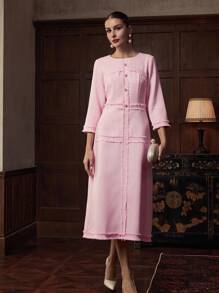 ZEYLAH Women's Fashion Pink Round Neck 3/4 Sleeve Fringe Button Design Elegant Dress - Pink - View 5