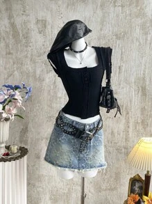 Attitoon Women's Casual Washed Star Textured Denim Skirt,Fall Women Clothes,Y2k Clothes,Club Outfits Women Sexy,Streetwear Skirts,Grunge Skirts,Cowgirl Skirts,Y2k Clothes Women,Gyaru Skirts,Korean Style, - Medium Wash - View 3