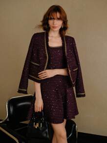 MOTF PREMIUM TWEED SEQUINS CONTRAST CHAIN TAPE TRIM SLEEVELESS SHORT DRESS