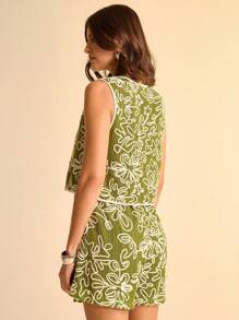 CAJUNI Conjunto de 2 piezas de mujer con cárdigan transparente con textura y estampado floral sin mangas con lazo y pantalones con cordón con flecos, conjunto de verano de 2 piezas para resort - Multicolor - Ver 2