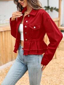 EMERY ROSE Damen Langarm Denimjacke mit Single-Breasted Rüschen und Fransen, Lässig - Bordeaux - Übersicht 4