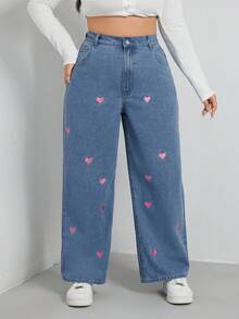 SHEIN EZwear 加心刺绣阔腿牛仔裤 宽腿牛仔裤 女童宽腿牛仔裤 女式宽腿牛仔裤 - 中等水洗藍 - 查看 1