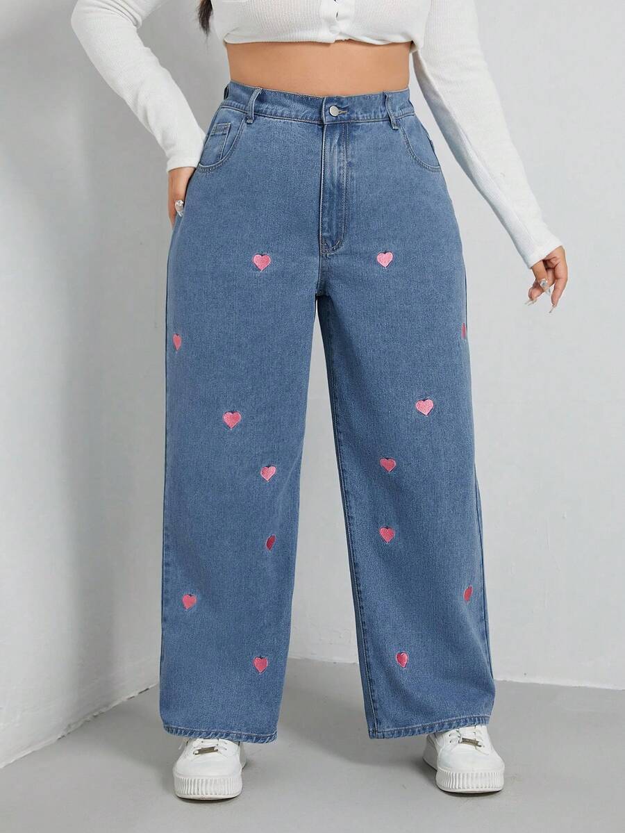 SHEIN EZwear 加心刺绣阔腿牛仔裤 宽腿牛仔裤 女童宽腿牛仔裤 女式宽腿牛仔裤 - 中等水洗藍 - 查看 1