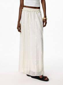 LYSMO 2025 Women's White Beige Elastic Waist Shimmer Sequin Pencil Stripe A-Line Long Skirt,Autumn Boho Beach Holiday Casual Party Leisure Vacation Skirt - Beige - View 3