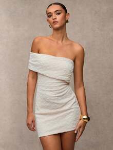 SHEIN BAE Vestido mini asimétrico de punto jacquard elegante con escote sexy hombros descubiertos para otoño e invierno, vestido de punto, hombros descubiertos para otoño e invierno, ropa de mujer estilo bohemio, vestidos para invitada de boda, Día de Acción de Gracias, vestido de invitada de boda, salir - Albaricoque - Ver 6