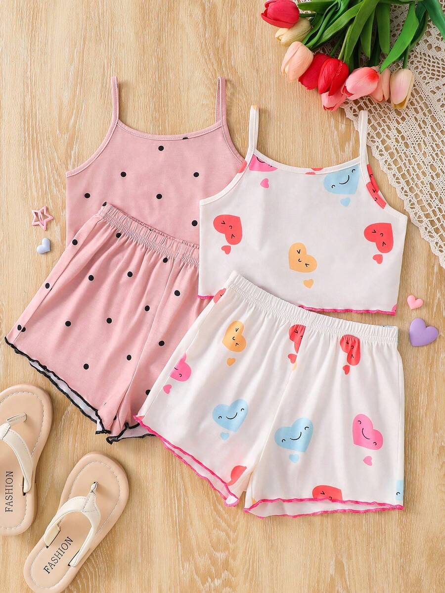 SHEIN 4pcs/Set Young Girl Cute Rabbit Print Camisole & Shorts Knit Homewear Set, Summer - Blue and White - View 1