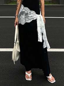 DAZY 女士花卉蕾丝侧结时尚半身裙秋季半身裙 - 米色 - 查看 1