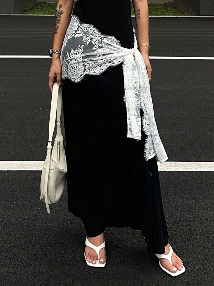 DAZY 女士花卉蕾丝侧结时尚半身裙秋季半身裙 - 米色 - 查看 1