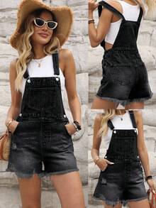 EMERY ROSE Women Casual Ripped Denim Bib Shorts - Black - View 1