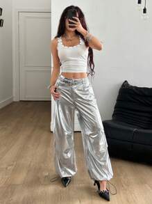 Coolane 女士夏季街头风 Y2K 演唱会外出弹性腰带金属银色裤子 - 銀色 - 查看 4