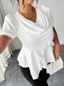 Elenzga Blusa de mujer talla grande casual, elegante, sexy y romántica de unicolor con mangas de obispo cortas y cuello drapeado - Blanco - Ver 1