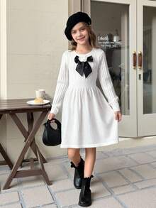 SHEIN Abito a vita svasata a girocollo in maglia melange per ragazze pre-adolescenti, decorato con fiocco, stile elegante da signora, versatile per tutte le stagioni