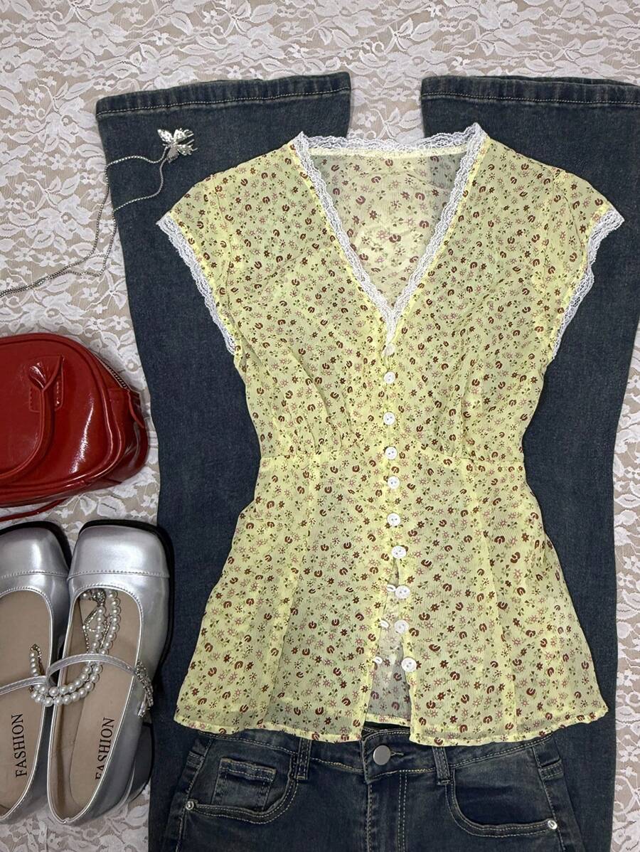 女式夏季度假风格碎花V领撞色蕾丝蝙蝠袖紧身胸衣T恤 - 芥末黃 - 查看 1