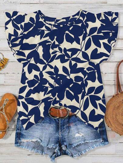 SHEIN Tall Blusa de manga de puff con cuello redondo, estampado floral de hojas sobre base naranja, de uso casual y apropiada para vacaciones, para primavera/verano