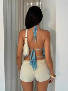 Glamine Women's Sexy Backless Halter Neck Vacation Beach Top With Glitter & Bead Decor, Summer Blue Sequin Top Sequin Top Women Blue Sparkly Top Bling Top Rhinestone Top Halloween Rhinestone Shirt, Christmas