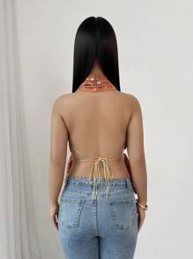 Chiquease Blusa de mujer con escote halter, espalda abierta, tirantes con lazo y bordado de lentejuelas - Naranja - Ver 3