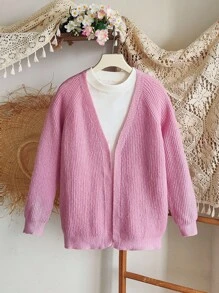 SHEIN Tween Girls' Solid Color Raglan Long Sleeve Loose Casual Cardigan Fall Winter - Pink - View 3