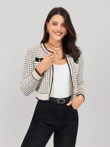 Miaspire Contrast Color Round Neck Long Sleeve Fitted Women Front Button Jacket Cardigan Sweater Fall Women Outfits Button Up Fall Cardigan Women Cardigans,Long Sleeve Tops - Black and White - View 3