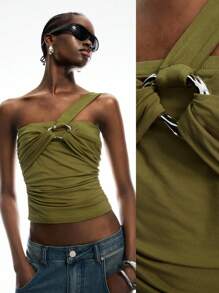 LYSMO Áo crop top nhún bèo màu trơn thời trang mùa hè dành cho nữ - Màu xanh Ô liu - Xem 5