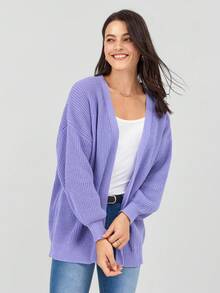 Miaspire Women's Spring Fashionable Purple Drop Shoulder Ribbed Knit Duster Cardigan - Violet Purple - View 5