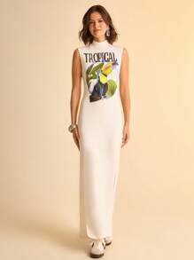 CAJUNI Semi-Sheer Stand Collar Maxi Dress In White With Colorful Tropical Design And Soft Fabric- Toucan Dress - White - View 8