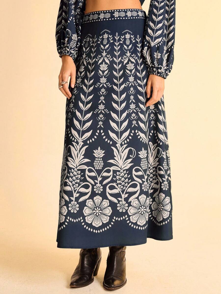 CAJUNI 女士花卉印花高腰休闲长裙，适合度假 - 波西米亚风女装/女士西式服装/图案/休闲女士 - 基本款/女士外出上衣/秋季女装 - 彩色 - 查看 1