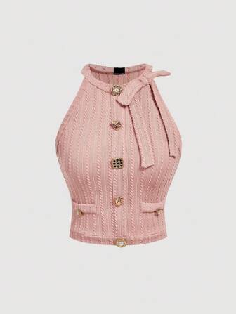 SHEIN MOD Women's Light Pink Metal Buckle Texture Bowknot Camisole