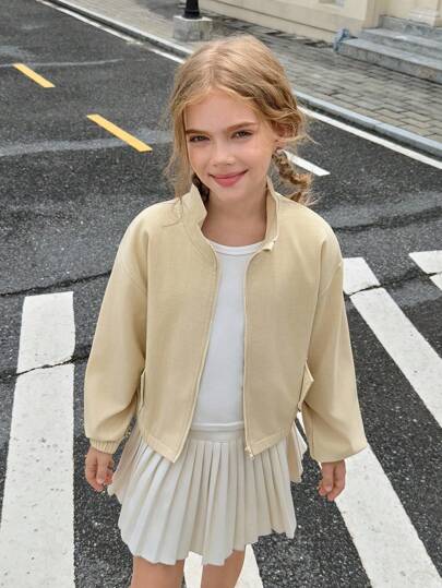 SHEIN Flickans casual enfärgade minimalistiska vardagsjacka med lång ärm och dragkedja, med resår i mudd och fåll, lämplig för arbetspendling, vår/höst