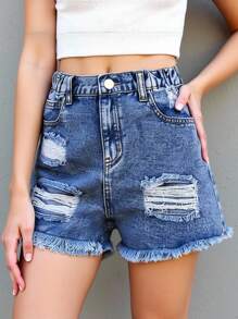 Tween Girl Retro Fashion Distressed Denim Shorts - Dark Wash - View 5