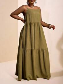Veslaya 2025 Plus Size New Arrival Summer Green Solid Color Comfortable Stretchy Sleeveless Loose A-Line Dress - Army Green - View 4