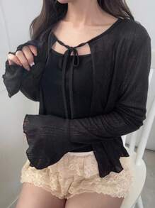 2pcs Women Tight Camisole & Sheer Cardigan Set, Solid Color Cute Top, Autumn Vacation Lounge Sets For Women - Black - View 2