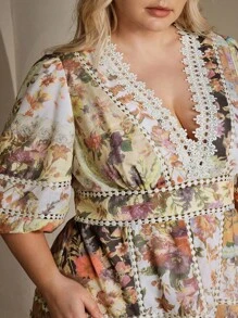 Anewsta 大码女式优雅 V 领灯笼袖拼布花卉印花腰带 A 字连衣裙，适合度假、春夏季节、毕业典礼 - 黃色 - 查看 1