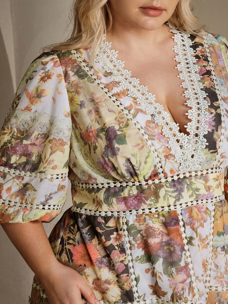 Anewsta 大码女式优雅 V 领灯笼袖拼布花卉印花腰带 A 字连衣裙，适合度假、春夏季节、毕业典礼 - 黃色 - 查看 1