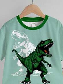 SHEIN Leap Crew 2 件套年轻男孩休闲时尚酷炫恐龙图案印花圆领 T 恤和短裤，适合夏季 - 白色 - 查看 5